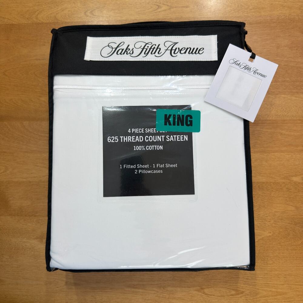 Saks Fifth Avenue KING Sheet Set 4 Piece 625 TC Sateen 100% Cotton White NIP